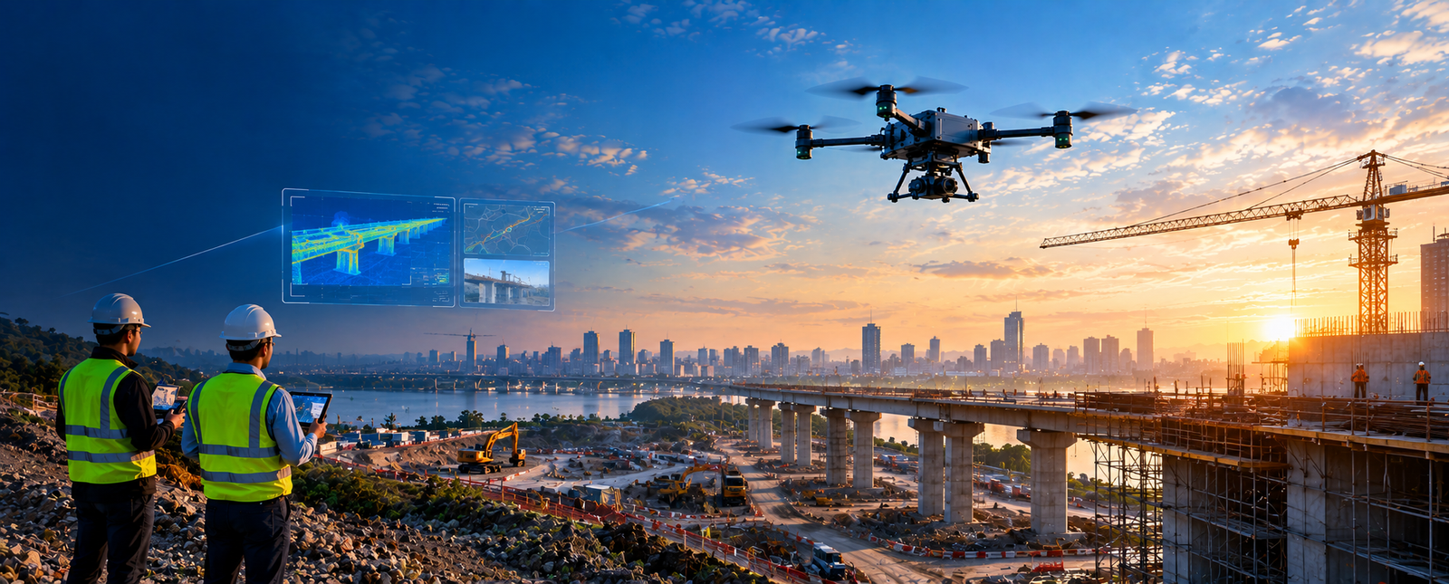 Drone surveying a construction and infrastructure site